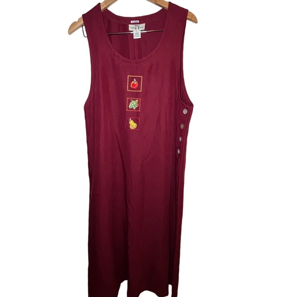 Vintage 90s Maxi Jumper Dress 14 Red Cotton  Embroidery Side Buttons Cottagecore
